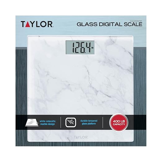 Taylor Digital Bathroom Scale for Body Weight, Glass Platform with Marble Design, 400 lb Capacity, Large Easy-Read Display, Precise Weight Tracking