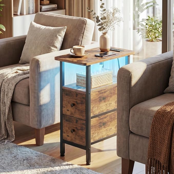 Narrow End Table with Charging Station, Small Nightstand | Skinny Side Tables Living Room with 2 Fabric Drawers, Slim Bedside Table with LED Lights for Bedroom, Small Spaces, Brown