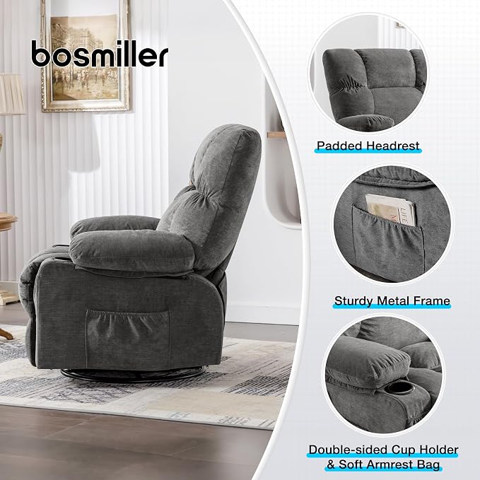 MAHOMICO Oversized Recliner Chair with Massage and Heat, 360° Swivel Rocker | Fabric swivel rocker recliner with ergonomic support, USB charging, cup holders and side pocket for living room