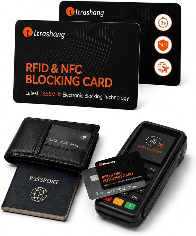 Safe RFID Blocking Card: 24/7 Credit Card Protection for Travel in Crowds | 3-Second Tap-to-Pay Self-Tested - Blocks up to 99% Contactless Skimming Risk for Overseas Vacations & Business Trips - 2Pack