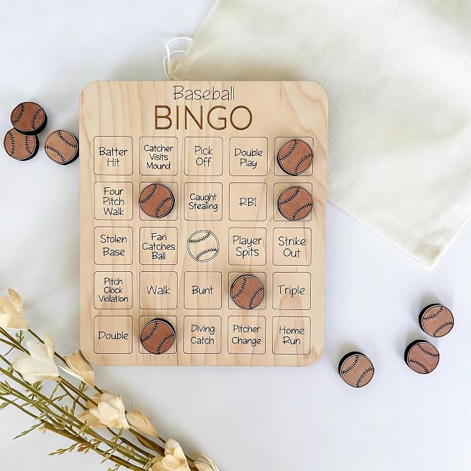 Sports Bingo Chess Game, Baseball Football Bingo Wooden Board Bingo Ball Game Set 4.3 * 5.1 inches, Adult Party Edition(Baseball)
