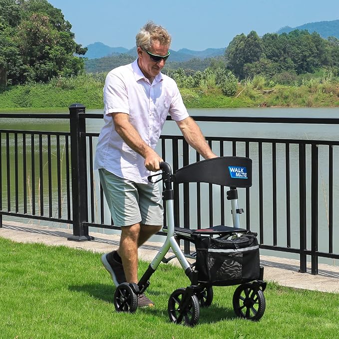WALK MATE Rollator Walker for Seniors Taller 5.3~7ft with Height-Adjustable Seat, 10 Inch Wheels Wire-Hidden Walkers Compact Folding Design Lightweight Mobility Walking Aid Widen Backrest, Silver