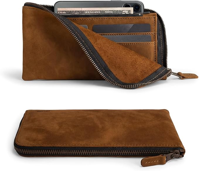 Hide & Drink, Leather Long Zippered Wallet, Holds Up to 8 Cards Plus Coins And Flat Bills, Phone Holder, Cash Organizer, Travel Essentials, Handmade, Swayze Suede
