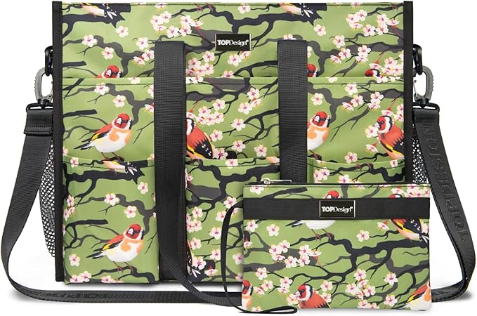 TOPDesign Utility Water Resistant Tote Bag with 22 Pockets, Top Zipper Closure & Thick Bottom Support, for Working Women
