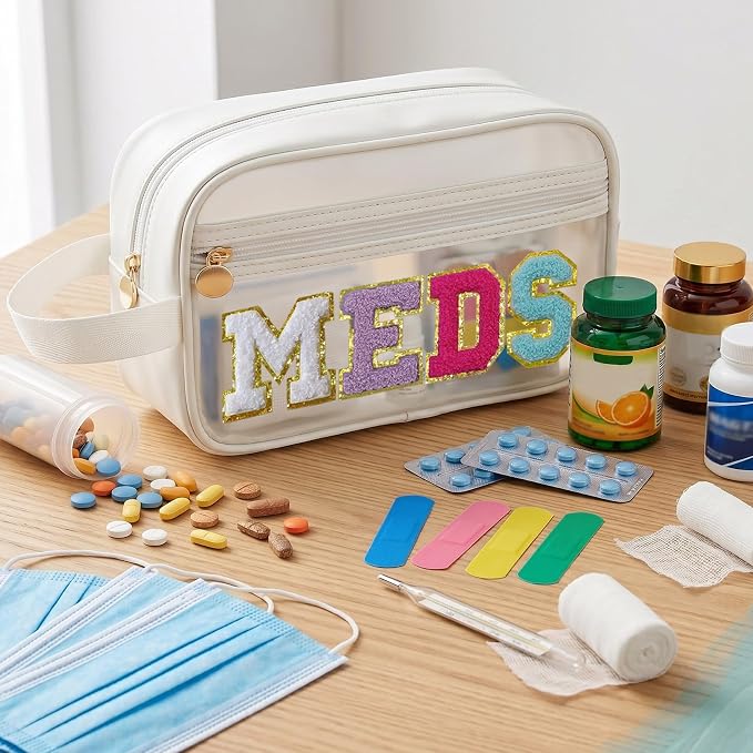 COSHAYSOO Clear MEDS Bag Travel Medicine Zipper Pouch Small Medication Drug Pills Storage Case, Preppy Cute Cruise Air Car Traveling Essentials Accessories Organizer Easter Gift for Women Teen Girls
