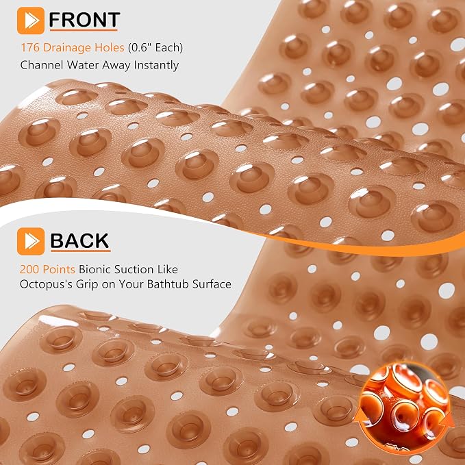 Yimobra Non Slip Bathtub Mat 40 x 16 Inch, Extra Long Shower Mat with Drain Holes, Machine Washable Baby Bath Mats, Strong Suction Cups for Bathroom Floor, Clear Brown