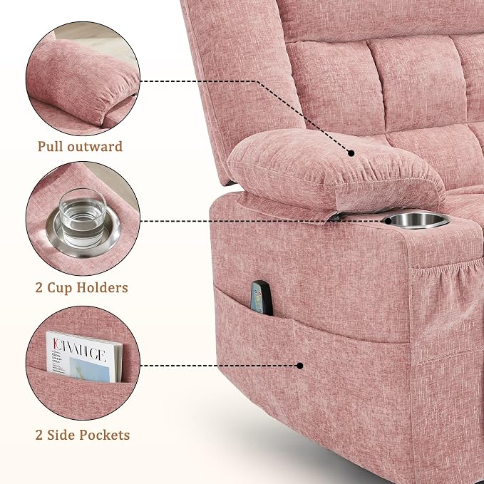 Korser 360° Swivel Rocker Recliner for Adults, Nursery Glider Recliner with Massage and Heating, Rocking Chair with Cup Holder, Manual Recliner Chair for Living Room, Bedroom (Fabric, Pink)