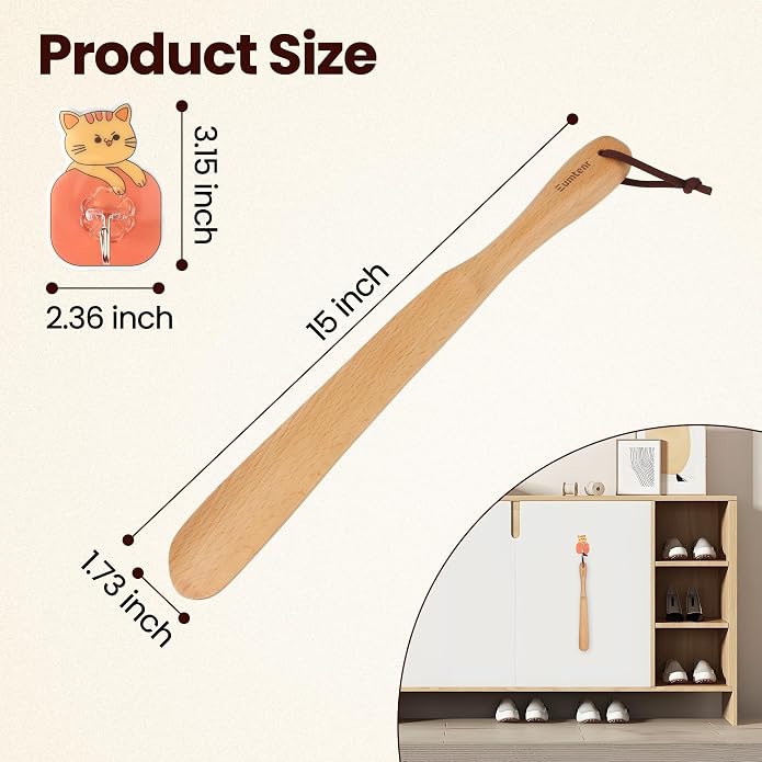 Shoe Horn for Seniors,15" Wooden Shoehorn for Men, Women, Kids, Pregnancy, with Wall Hooks - Beech Wood