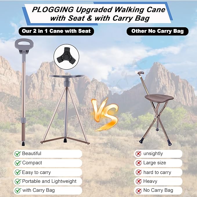 Walking Cane with Seat Folding Lightweight, Portable Cane Seat with Carry Bag, Walking Stick with Seat for Seniors & Adults, Foldable Adjustable Cane Chair for Travel Hiking