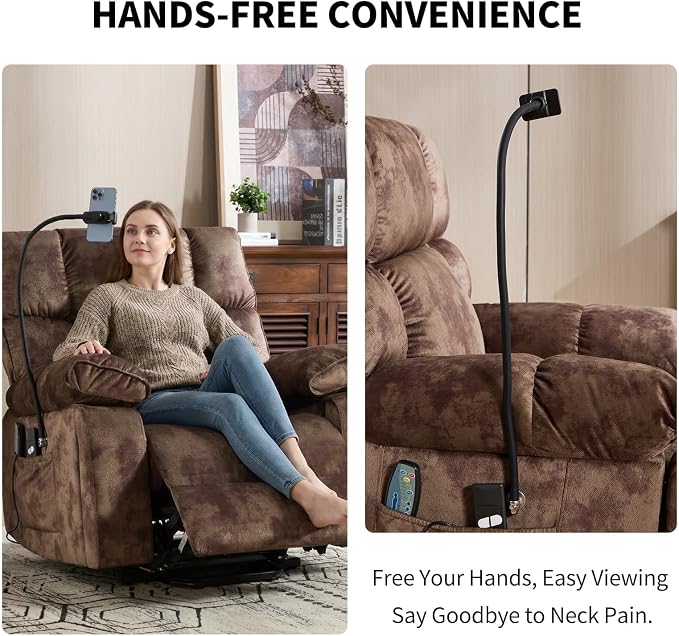 Power Lift Recliner for Elderly with Heat & Massage, Wide Electric Reclining Chair with Cup Holder, Phone Holder & Side Pockets, Brown
