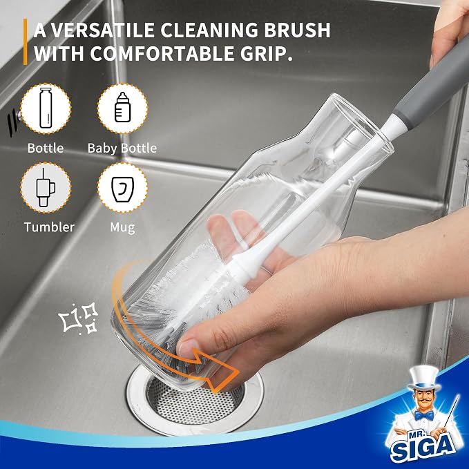 MR.SIGA Long Handle Bottle Brush, Non-Scratch Water Bottle Brush Cleaner | 2 pack bottle brushes for cleaning, drinking glasses brush with non slip handle, 5.8 cm(2.3 inch) wide brush head