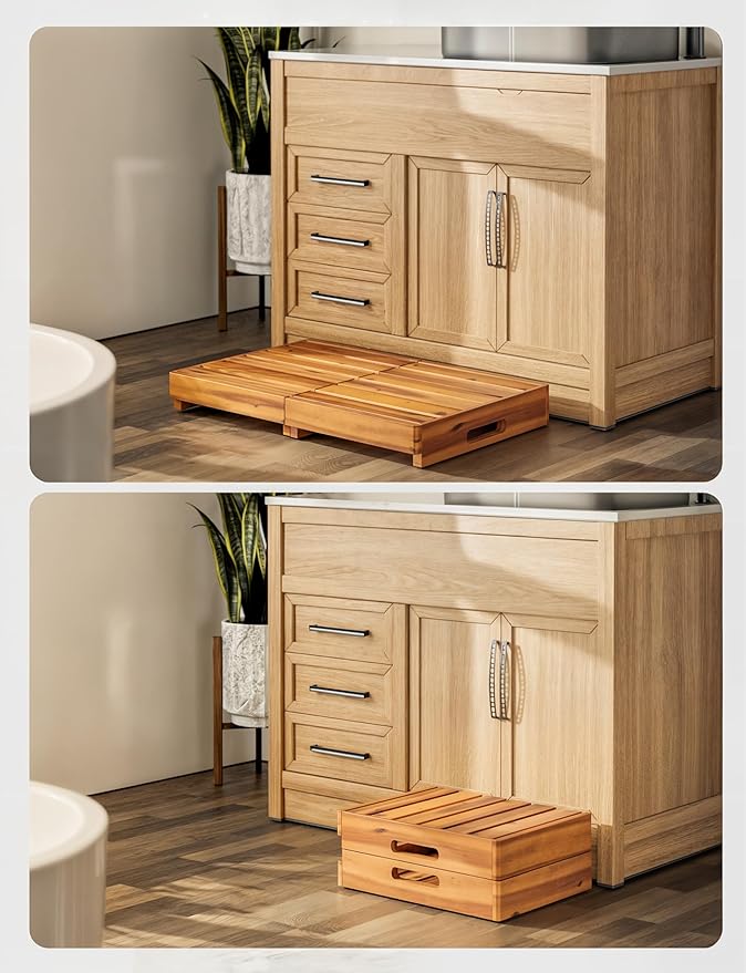 Holana 25 Inch Acacia Foldable Wooden Step Stool for Adults & Elderly & Handicap- Adjustable 3" to 6" - Heavy Duty 400lbs - Mobility Step Stool for High Beds & Outdoor Use - Wood Stepping Stool
