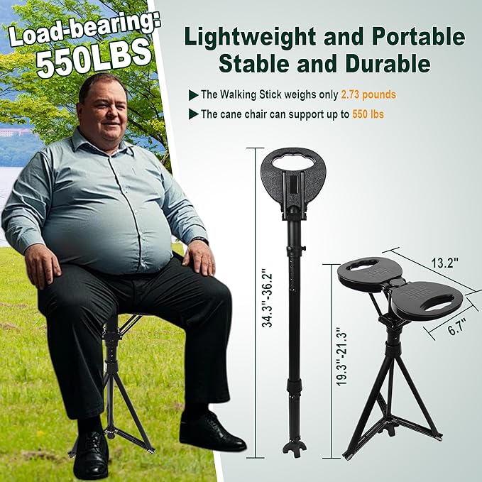 Adjustable Cane with Seat Folding Lightweight, Portable Cane Chair for Adults & Seniors, Walking Stick with Seat for Travel Hiking, with Cushion Carry Bag