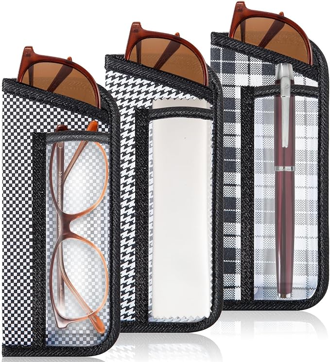 TRIUMPH VISION 3 Pack Reading Glasses Pouch Soft Case Eyeglass Sleeve Slim | Alternative to Bulky Case in bag, Lightweight Lined Padded Protect Optical lens Slip in, Cute Pattern Portable for Daily Use