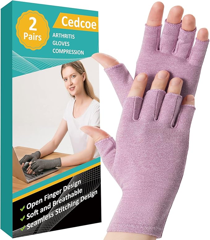 2 Pairs Arthritis Gloves Fingerless Compression Gloves for Relieve Hand Pain, Rheumatoid, Osteoarthritis, Tendonitis, Carpal Tunnel for Women and Men to Daily Work (Purple, Medium)
