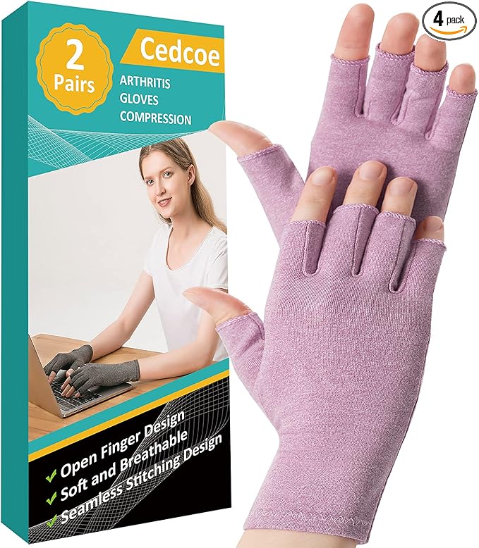 2 Pairs Arthritis Gloves Fingerless Compression Gloves for Relieve Hand Pain, Rheumatoid, Osteoarthritis, Tendonitis, Carpal Tunnel for Women and Men to Daily Work (Purple, Small)
