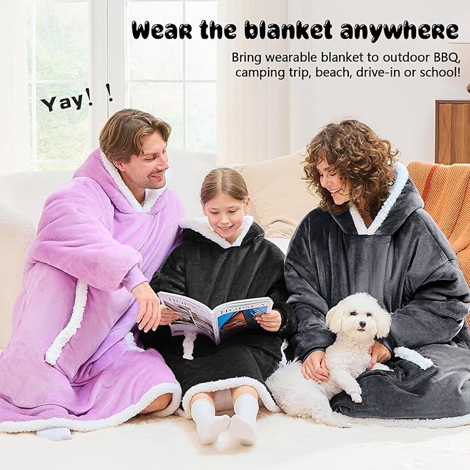 JOYWOO Black Kids Wearable Blanket Hoodie,Oversized Cat lovers Hoodie Blanket for kids & Teens,Birthday Gifts for Girl Boys,Warm Cozy Fuzzy Sherpa Fleece Sweatshirt Blanket with Giant Pocket Gifts