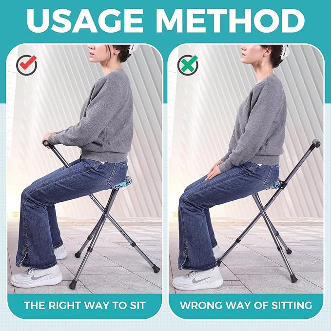 Portable Adjustable Folding Walking Cane with Seat and Cushion，Cane seat for Seniors with Magnetic Massage Handle, Lightweight Walking Cane with LED Light，Supports up to 330 Pounds