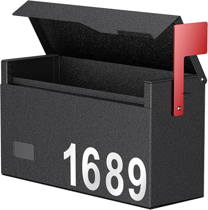 Uniclife Wall Mount Mailbox for Outside (No Locking Mechanism) | Flag & Number Stickers, Large Metal Mail Box for House, Modern Post Box for Outdoor Office Home