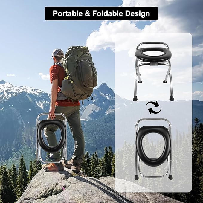 16.5"H Portable Toilet for Camping, 350LB Capacity Stainless Steel Folding Toilet with Soft Seat & Bags, Collapsible Design for RV, Hiking, Road Trips, Boating, Outdoor