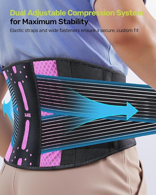 Rakiie Slim Back Brace for Lower Back Pain Relief, Lightweight & Breathable Back Support Brace for Men Women, Ergonomic Light Lumbar Support for Everyday Wear, Pink XL