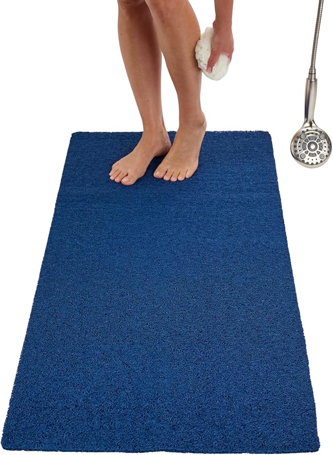 Soft Shower Mat Non Slip - PVC Loofah Inside or Outside Showers, Bathtubs, Bathrooms, and Wet Areas - Safe for Textured Tiled and Smooth Floor - No Suction Cups Secure Anti Slip (Navy 24 x 47)