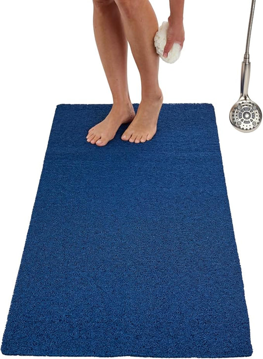 Soft Shower Mat Non Slip - PVC Loofah Inside or Outside Showers, Bathtubs, Bathrooms, and Wet Areas - Safe for Textured Tiled and Smooth Floor - No Suction Cups Secure Anti Slip (Navy 24 x 47)
