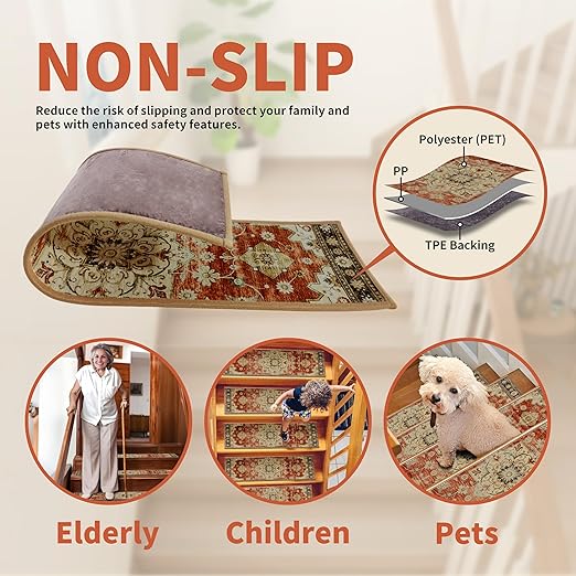 Non Slip Stair Treads for Wooden Steps, 1 Pack 30"x30" Washable Carpet | 30x30 in soft chenille polyester stair treads with reusable TPE backing for indoor wood stairs, dogs, kids, and seniors