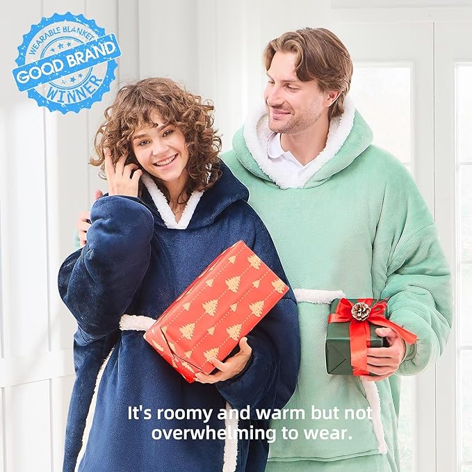 JOYWOO Navy Oversized Wearable Blanket Hoodie,Cat lovers Long Hoodie Blanket for Adult,Birthday Gifts for Women Men Mom,Cozy Fuzzy Sherpa Fleece Sweatshirt Hooded Blanket Giant Pocket Gifts,Oversize