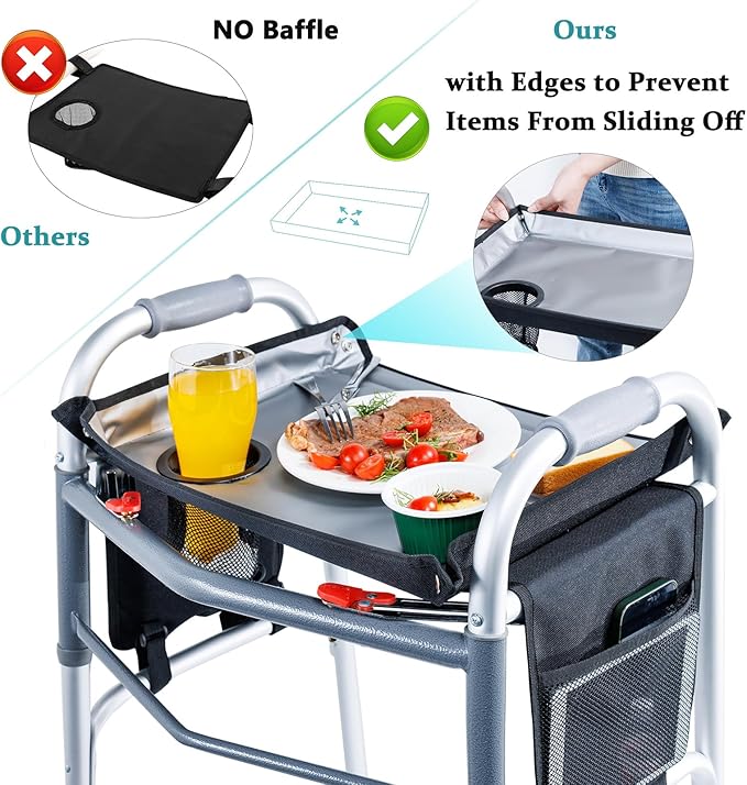 BAGSFY Walker Tray w/Side Pocket for Folding Walkers – Walker Accessory for Seniors with Cup Holder, Non-Slip Mat, and Easy Installation – Universal Fit Walker Table for Meals, Drinks, Reading