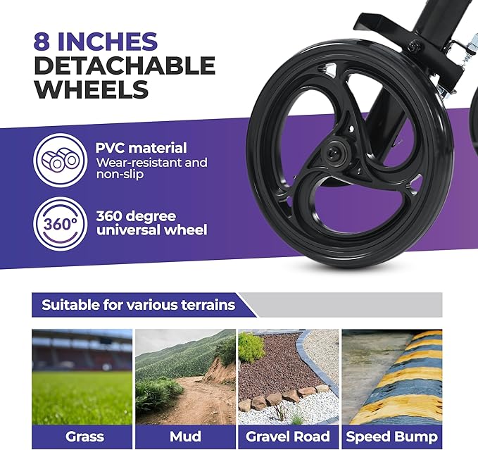 Metro Mobility 2 in 1 Rollator Walker & Transport Wheelchair, Foldable Lightweight Rollator Walker with Seat, 8" Big Wheels for All Terrain, 300 lb. Weight Capacity, Purple