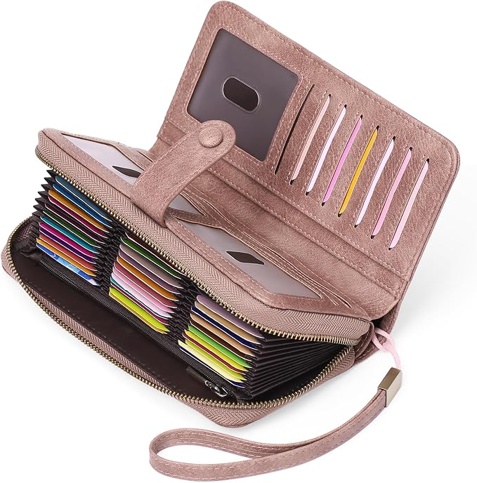 GAEKEAO Leather Credit Card Holder Wallet for Women RFID Blocking Large Capacity Bifold Zipper Card Case Organizer with Wristlet 45 Slots