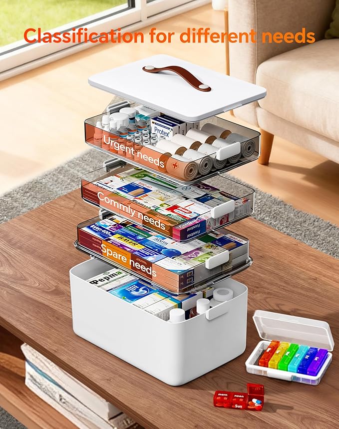 4-Tier Medicine Cabinet Organizer with Leather Handle, Empty Plastic First Aid Kit, Multipurpose Storage Box with A Portable Weekly Pill Organizer for Family Emergencies, Home