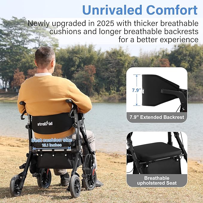 Rollator Walkers for Seniors with Seat, Walker Wheelchair Combo, 2 in 1 Rolling Walker Transport Wheelchair Lightweight Foldable, 10" Big Wheels Transport Chair with Brakes,Black
