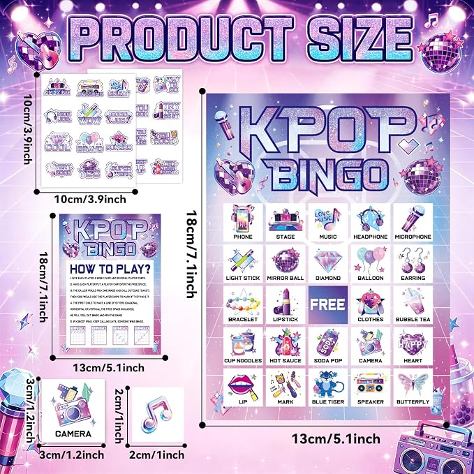 39pcs Kpop Music Party Bingo Game for Adults 24 Players Korean Idol Movie Bingo Cards With Reward Stickers for Family Friend Student Large Group Activities Pink Girl Kpop Music Dance Party Favors