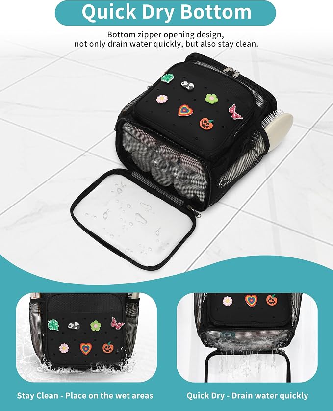 Hanging Shower Caddy Portable, Mesh Shower Bag for College Dorm Room Essentials, Large Capacity Shower Organizer Basket with DIY Decoration Charms, Toiletry Bag for Bathroom, Gym, Swim, Camping, Beach