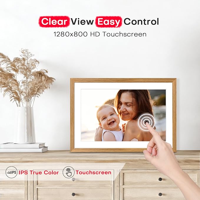 Frameo 10.1" Digital Picture Frame WiFi Wood, 1280 * 800 IPS HD Touchscreen, 32GB Storage, Instant Share Photo Video, Gifts for Mom, House Warming