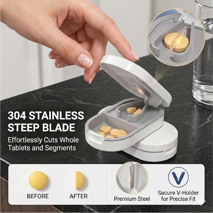 Pill Splitter with Stainless Steel Blade, BPA-Free Pill Cutter, V-Shaped Precision Pill Cutting Device, Portable Travel Pill Divider for Cutting 1/2 1/4 1/8 Small Medium Pills