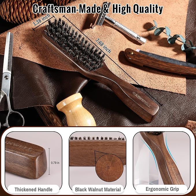 GAINWELL Mens Wild Boar Bristle Hair Brush for Men, Slick Back Hair Brush with Stiff Bristles for Thick & Thin Hair, Beard Brush Natural Black Walnut Wooden Handle Hairbrush
