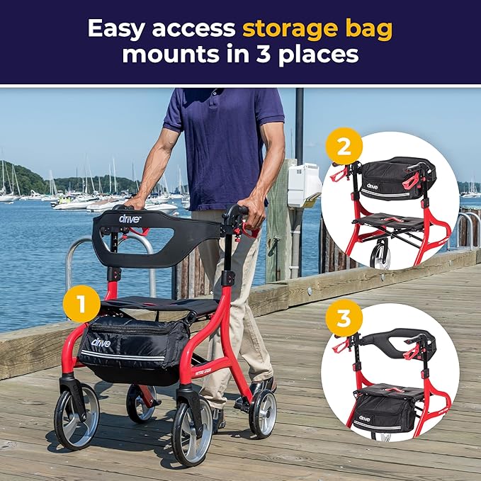 Drive Medical Nitro Sprint Rollator Walker with Seat, Standard Size, Red | Lightweight Rollator with Large Wheels Offers Compact Folding Design for Standard Size Everyday Comfort