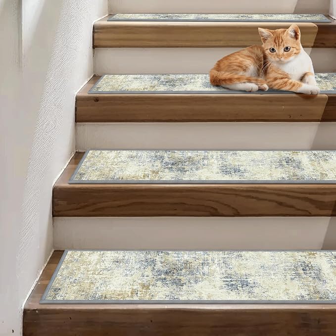 sarben 8"x30" Non Slip Stair Treads for Wooden Steps 15 Pack, Ivory Denim | Peel and Stick Carpet Stair Runner with TPE Adhesive Backing, Carpet for Added Safety, Pet and Senior Friendly