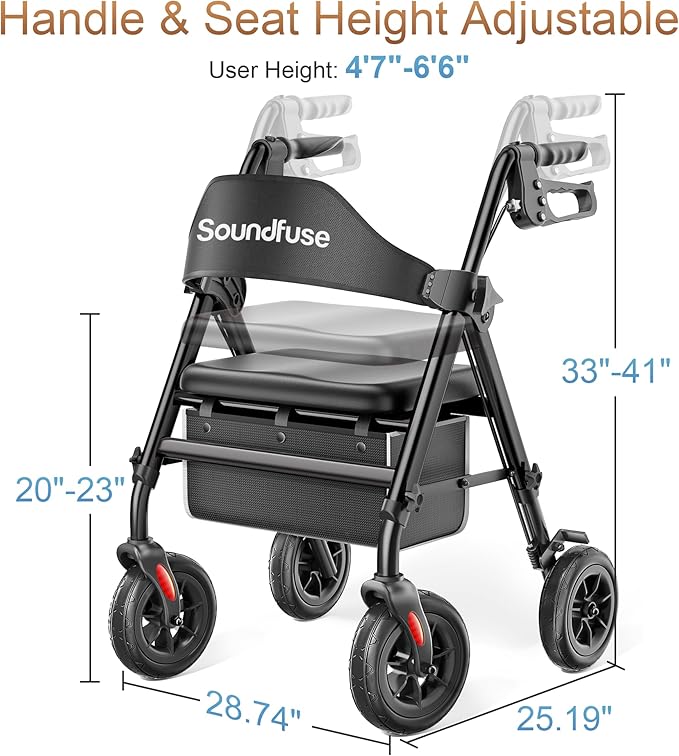 Rollator Walkers for Seniors with Seat, Foldable Lightweight Rolling Walker with 8" Big PU Wheels, Ergonomic Seat, Dual Height Adjustment