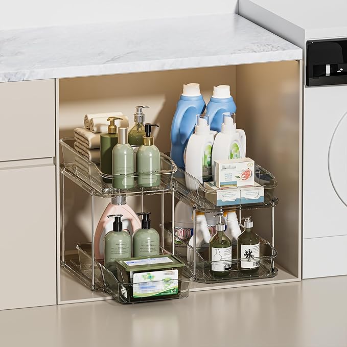 Delamu 2-Tier Under Sink Organizers and Storage, Multi-Purpose Stackable Bathroom Cabinet Organizers, Pull Out Kitchen Pantry Organization and Storage with Dividers(2 Pack, Grey)