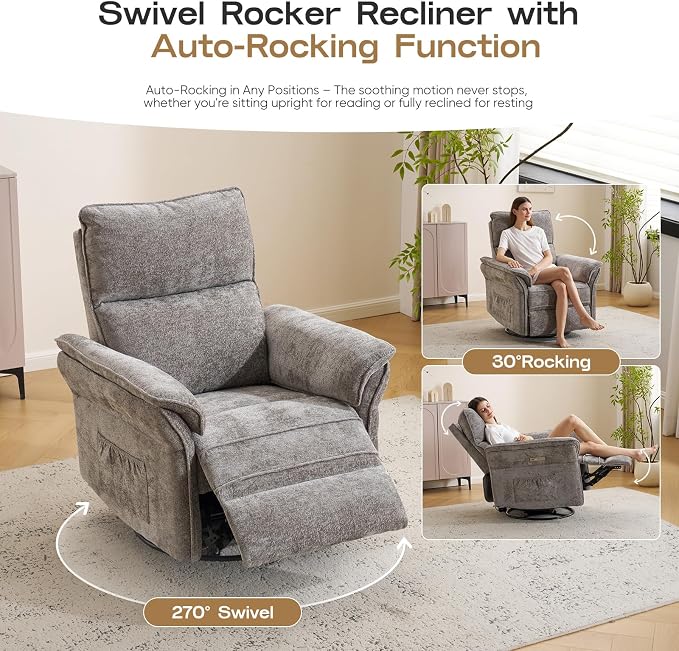 Power Nursery Recliner with Auto Rocking,Oversized Swivel Rocker Recliner with Massage and Heat,Glider Recliner Nursery Chair with Adjustable Headrest for Living Room and Bedroom,Dark Grey