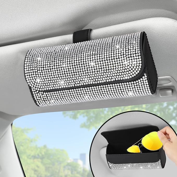 Accmor Bling Sunglasses Holder for Car Sun Visor 2 Pack, Vehicle PU Leather Glasses Storage Case Eyeglasses Organizer Protective Box Sparkling Crystal Car Accessories for Truck, SUV, RV (White)