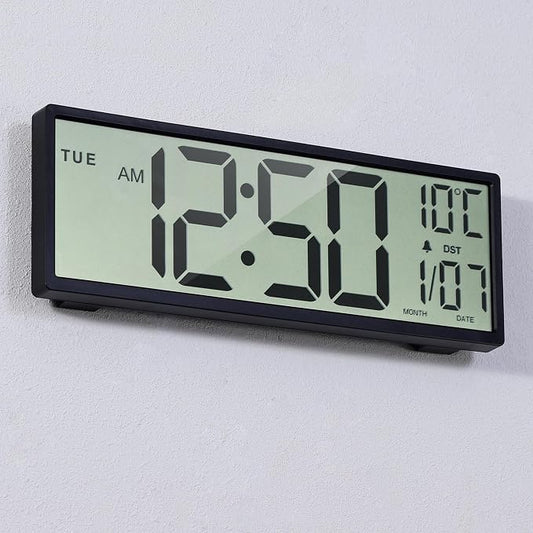 15" Large Digital Wall Clock Battery Operated Black, Clock with Large Display Numbers, Calendar, Auto DST, Clocks for Living Room, Kitchen, Office, Bedroom