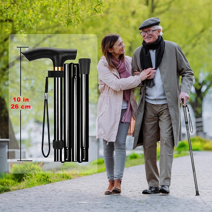 MFE Folding Cane, Portable 5-Level Adjustable Height Walking Stick with Foldable Design, Wrist Strap, and T Handle for Men and Women