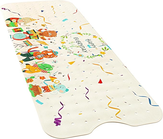 YINENN Bath and Shower Safety Mats 40x16 inch, Non Slip with Suction Cups for Bathroom Stall and Tub Floor, Extra Large and Machine Washable, Drain Holes Keep Bathtub Clean, Colored Animals