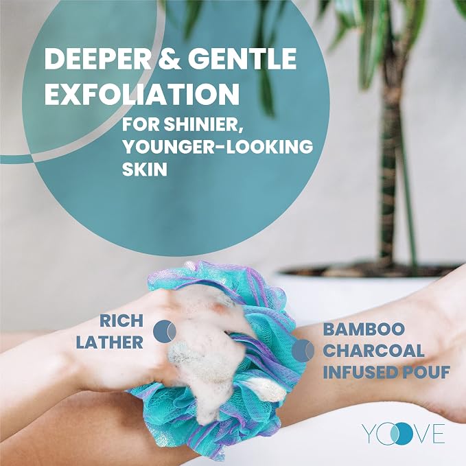 Yoove Body Scrubber Loofah with Handle - Green Shower Pouf | Charcoal infused shower loofah with long handle - back scrubber for women - exfoliating bath pouf for deep skin cleansing