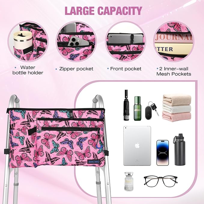 ZHCHG Walker Bag with Cup Holder, Walker Accessories for Seniors Detachable | Foldable Walker Basket with Large Capacity, Best Gift (Not Fit Rollator Walkers)- Lightpink